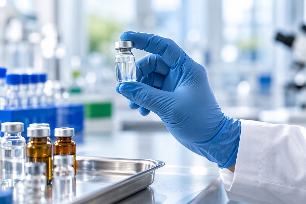 Gloved hand holding a glass vial in a bright laboratory